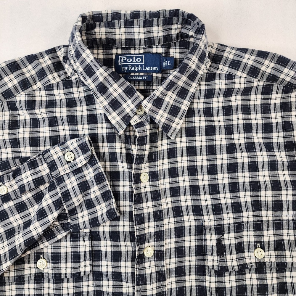 Polo Ralph Lauren Shirt Mens Large Black Gray Plaid Workshirt Button Pockets L/S